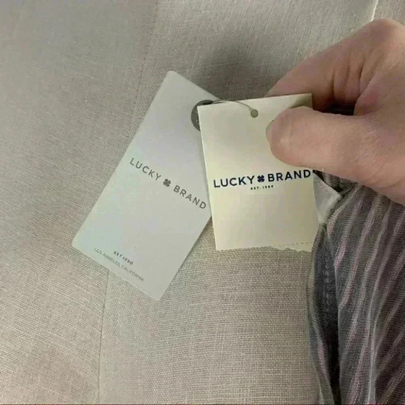 Lucky brand Womens top size L pink gray striped strawberry milk - Picture 7 of 10